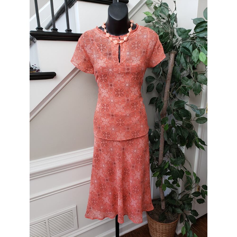 Covington Orange Patterned Maxi Skirt Set Size 12 Short Sleeve Lined Vintage